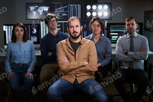 Preview: Serious faces confident diverse business people office workers team in row looking at camera.