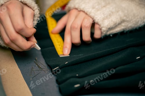 Preview: close-up in a sewing workshop seamstress measures on a black fabric where to pin