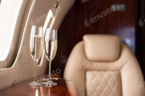 Preview: selective focus of interior of plane with champagne glasses for trip