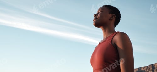 Preview: Fitness, breath and mockup with a sports black woman taking a break outdoor against a clear blue sk