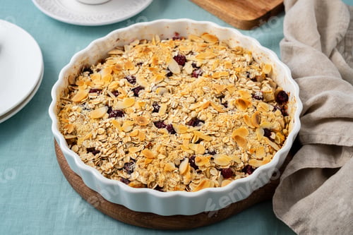 Preview: Whole apple and pear crumble with ice cream, streusel. Sweet dessert , side view