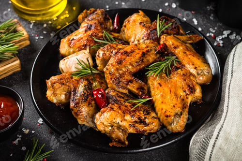 Preview: Grilled chicken wings with spices in black plate