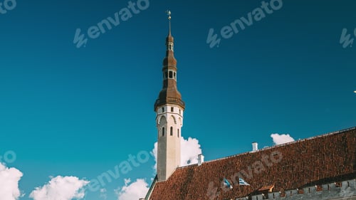 Preview: Tallinn, Estonia. Famous Old Traditional Town Hall Square In Sunny Summer Evening. Famous Landmark