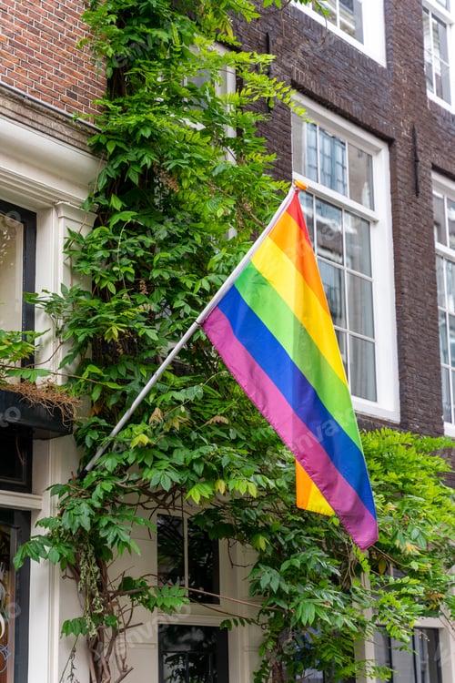 Preview: Vertical shot of an LGBT flag hanging from an apartment facade in Amsterdam