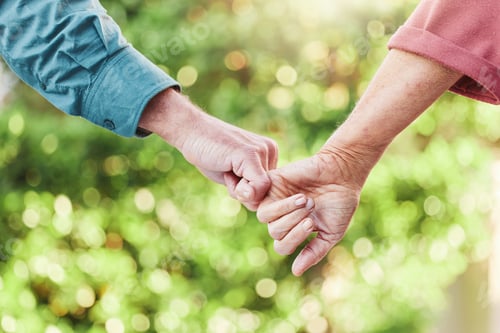 Preview: Senior couple, garden and holding hands with support and love in outdoor with commitment. Together,