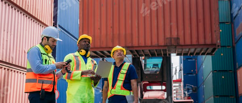 Preview: Industrial Engineer checking inventory or task details at Container cargo harbor.