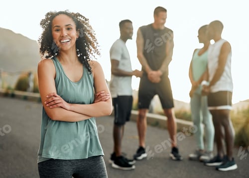 Preview: Feeling excited about this workout. Shot of a young woman about to workout with a group of friends.