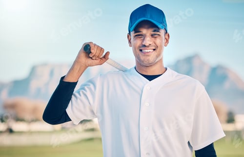 Preview: Portrait, exercise and man training, baseball and outdoor for competition, smile and fitness for we