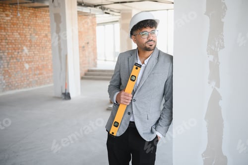 Preview: Arab architect holding level tool inspecting construction site