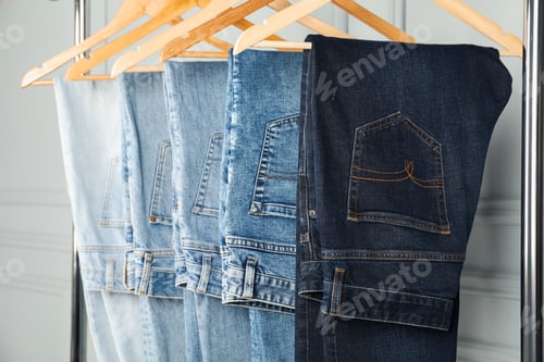 Preview: Many stylish jeans hanging from rack near white wall