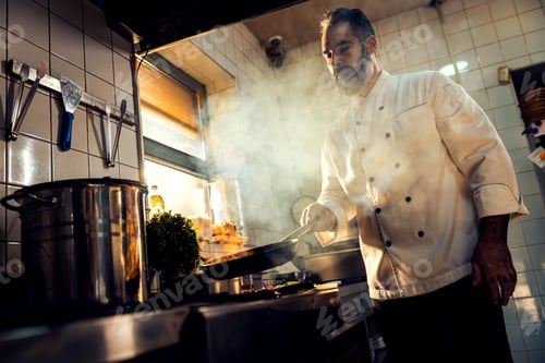 Preview: Chef cooking in a restaurant kitchen.