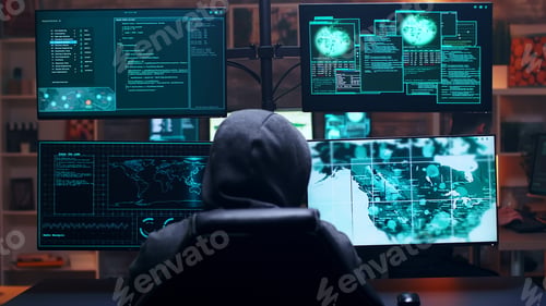 Preview: Back view of male hacker wearing a hoodie