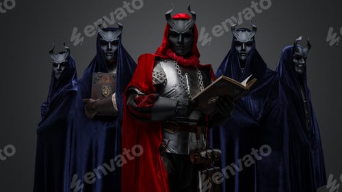 Preview: Four members of mysterious cult and leader with book