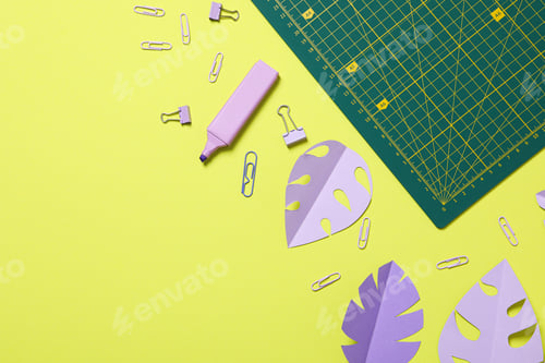 Preview: Patchwork accessories concept on yellow background, mat cutting