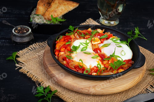 Preview: Shakshuka with grilled bread. Fried eggs with tomato, pepper, garlic and herbs