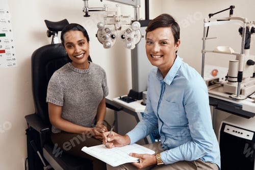 Preview: For crystal clear vision come visit us. Shot of a young woman having an eye exam by an optometrist.