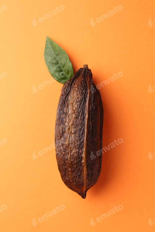 Preview: Natural cocoa pod on orange background, top view