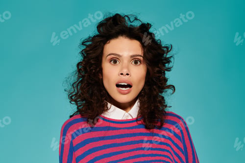 Preview: Fashionable young woman showcases beauty and excitement in a colorful setting with captivating hair