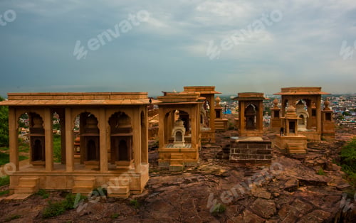 Preview: Cenotaphs Hindu tomb mausoleum . Jaisalmer, Rajasthan, India