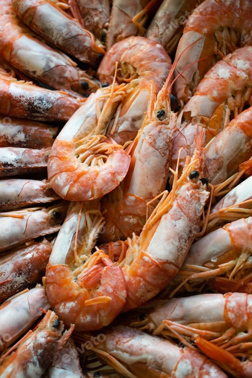 Preview: Top view of steamed prawns. Shellfish