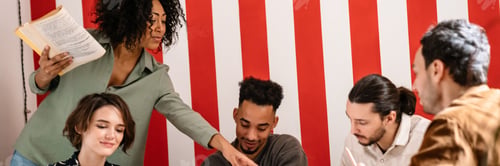 Preview: Mixed-race group shares ideas creative thoughts with multi-ethnic mates