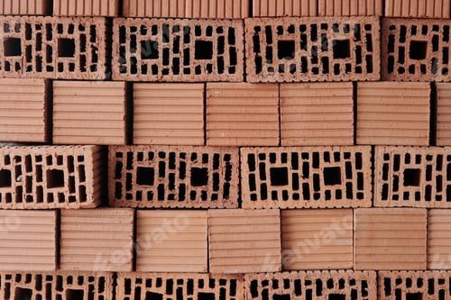 Preview: Stack of red solid clay bricks formed by several layers prepared for building