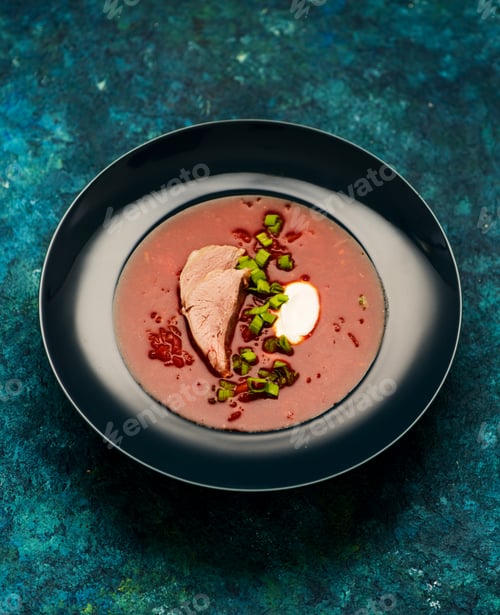 Preview: Traditional Russian borscht with sour cream on the plate.