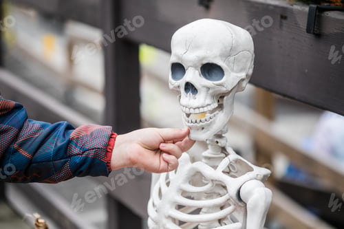 Preview: Smiling boy touching teeth you skeleton during Halloween
teeth