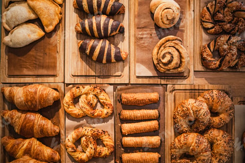Preview: Shot of different pastries on display in a cafe showcase. Croissants, cinnamon rolls, pretzels.