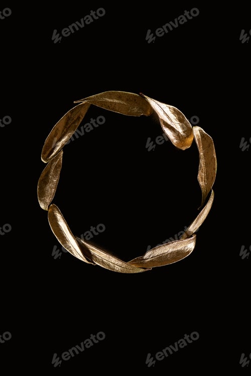 Preview: top view of round frame made of golden metal decorative leaves isolated on black with copy space