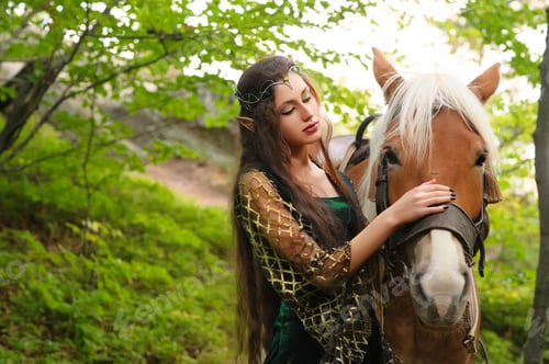 Preview: Female elf in the forest with her horse