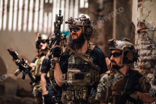 Preview: Group of brave soldiers with rifles and weapon ready for action.