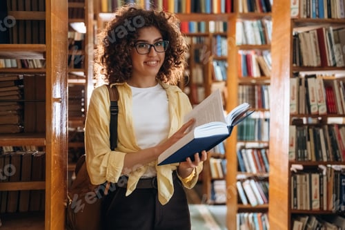 Preview: Book in blue hard cover is in hands. Beautiful woman is in the library
