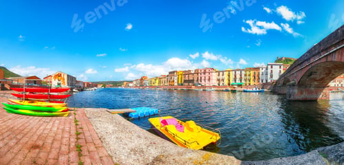 Preview: Astonishing cityscape of Bosa town with Ponte Vecchio bridge across the Temo river