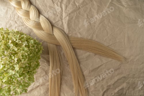 Preview: A tress of blonde hair lying on a brown craft paper