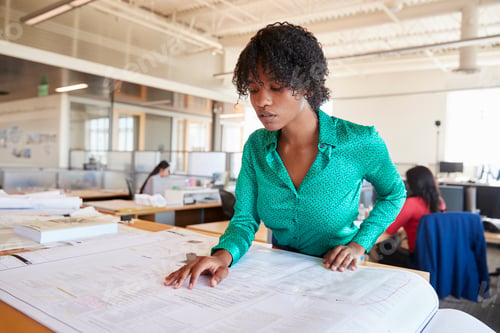 Preview: Black female architect studying plans in open plan office