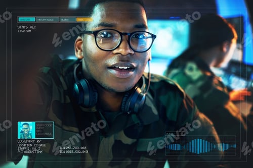 Preview: Record, military and portrait of black man on camera for surveillance, tracking operation and army.