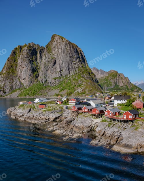 Preview: Coastal Cottages Nestled Beneath Norwegian Mountains, Hamnoy fishing village on Lofoten Islands