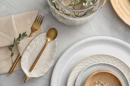 Preview: Elegant festive setting on white wooden table, flat lay