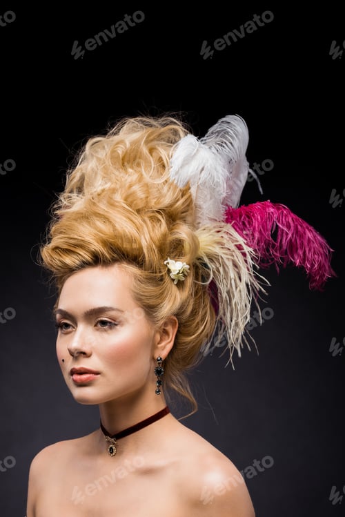 Preview: elegant and attractive woman with feathers in wig on black