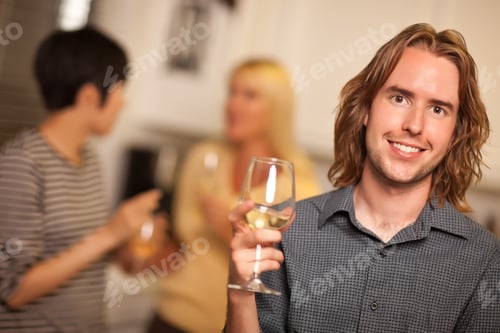 Preview: Smiling Young Man with Glass of Wine Socializing in a Party Setting.