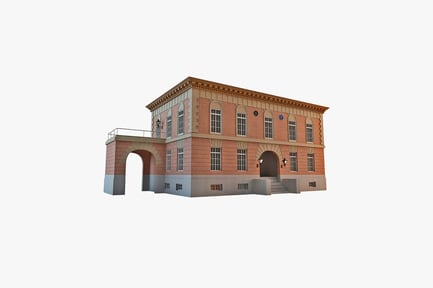 Vista previa: Edificio de ladrillo de dos pisos con entradas arqueadas y persianas