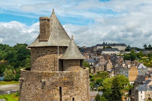 Preview: Interior of the castle of Fougeres and the city in the background. Brittany region