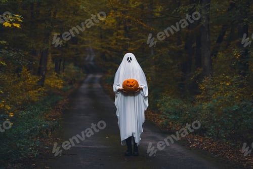 Preview: Ghostly figure with pumpkin in enchanted a forest on a moody autumn day.