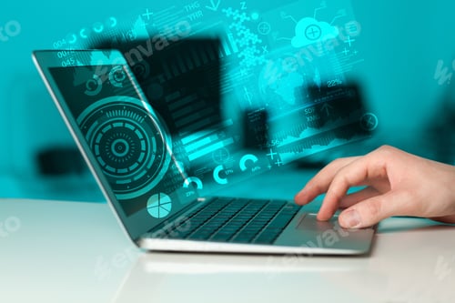 Preview: Modern Notebook Computer With Future Technology Media Symbols