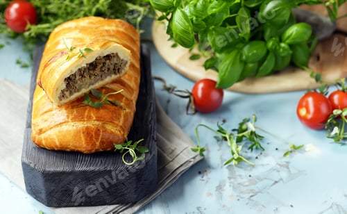 Preview: puff pastry pie with meat on a wooden board