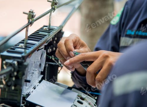 Preview: Technicians are install cabinet on fiber optic cable.Blur images