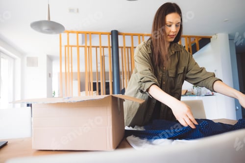 Preview: Caucasian woman taking the clothes from her online order out of the box, looking if she wants to