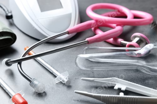 Preview: Stethoscope and other medical objects on grey table