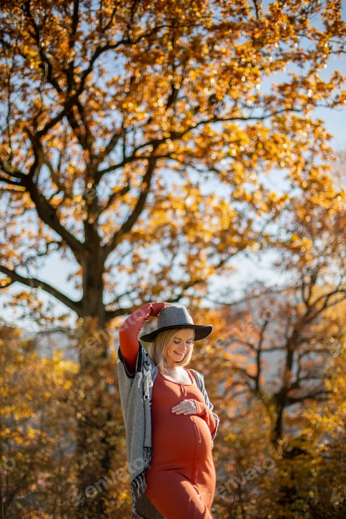 Preview: Pregnant healthy walk at sunny autumn day